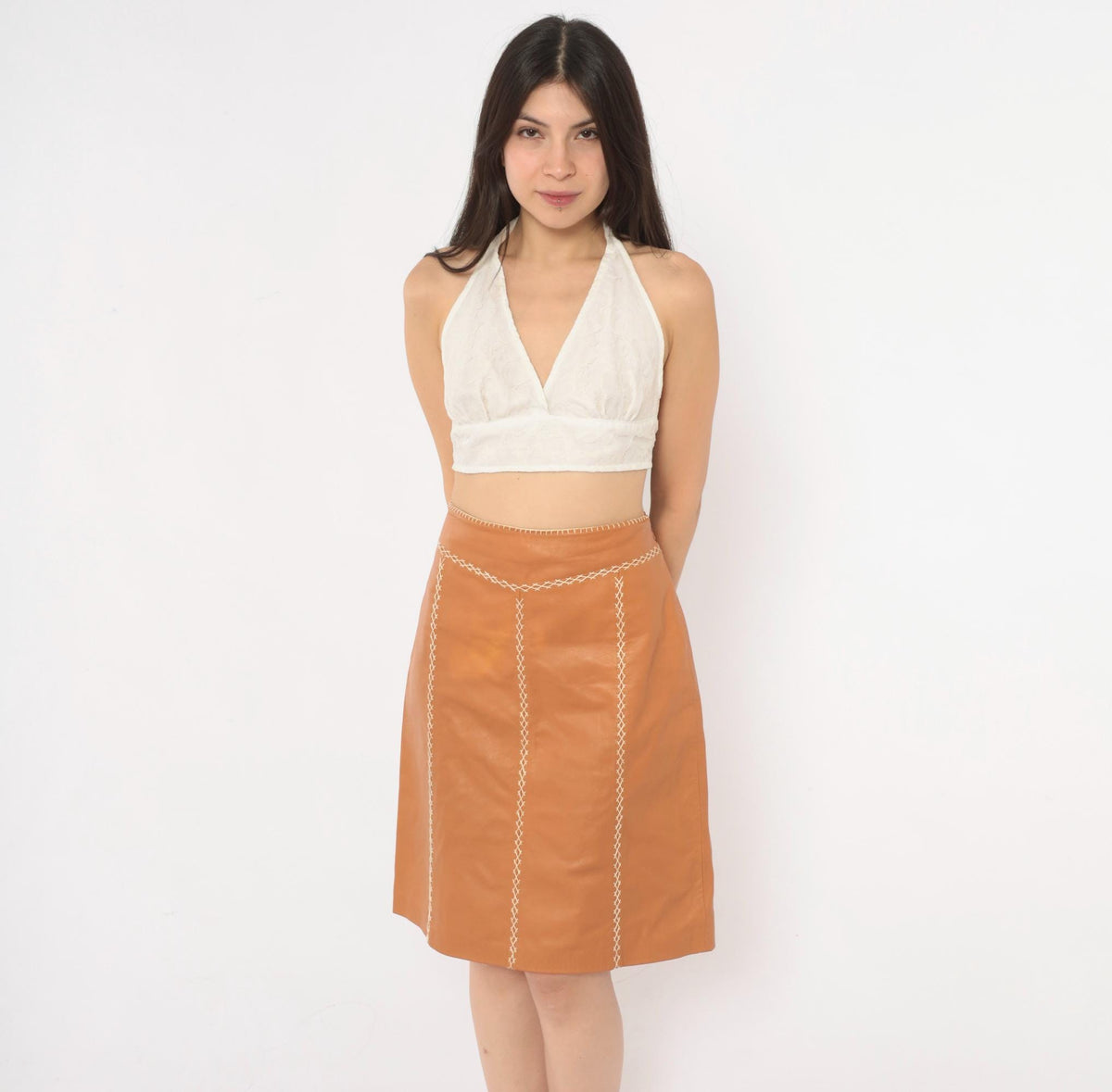 Y2K GAP Tan Leather A-Line Skirt Whipstitch Cream Stitching Small S