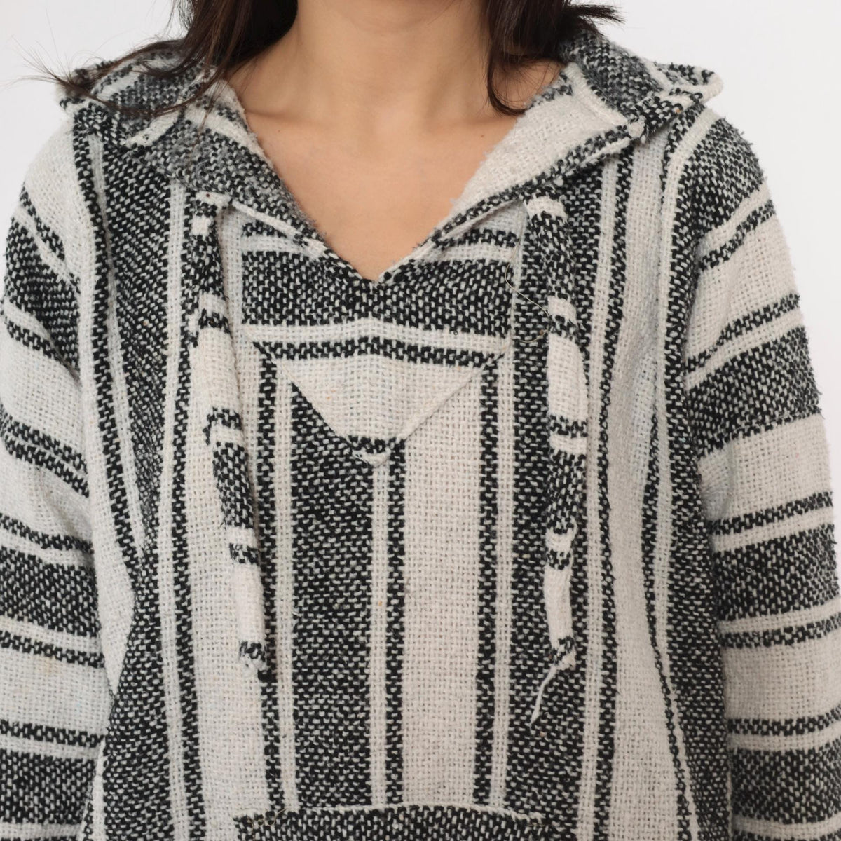 90s Baja Hoodie Black White Striped Woven Pullover Kangaroo Pocket Large L