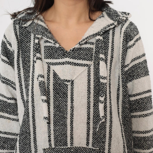 90s Baja Hoodie Black White Striped Woven Pullover Kangaroo Pocket Large L