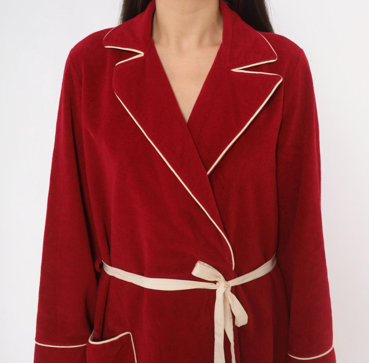 80s Kayser Red Wrap Robe Maxi Dressing Gown White Piping Medium M