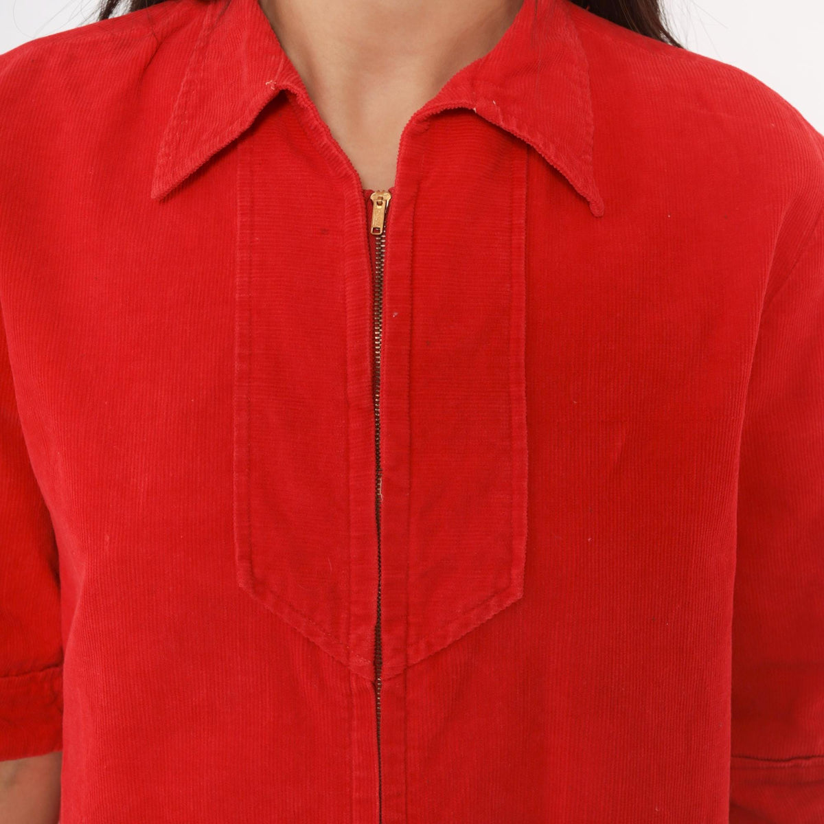 70s Red Corduroy Zip Shirt Pointed Collar Patch Pocket Cropped Blouse Small S