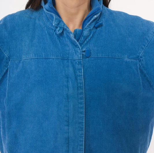 80s Windy Weather Corduroy Coat Blue Zip Front Stand Collar Large L