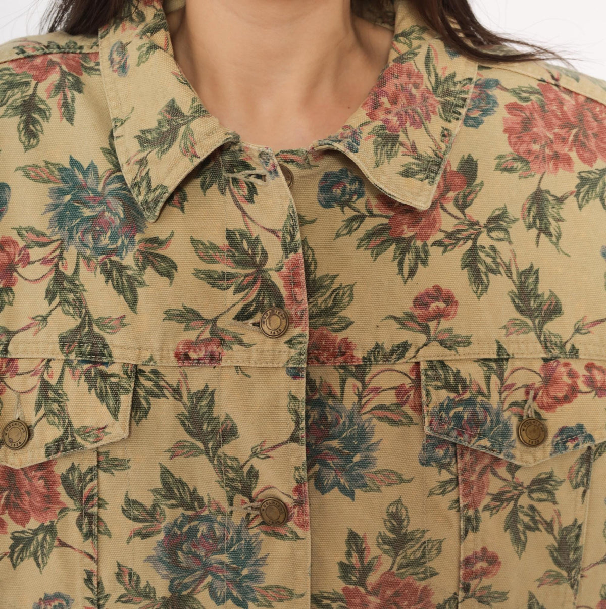 90s Woolrich Floral Denim Jacket Beige Cotton Canvas Pink Rose Print Extra Large XL