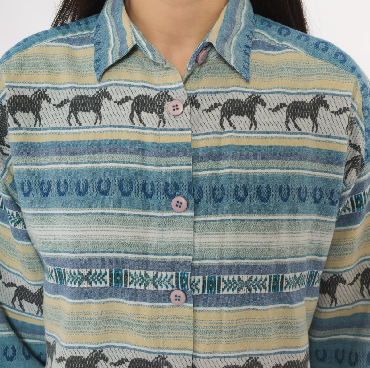 90s CM Company Horse Print Western Shirt Blue Cream Striped Cotton Small