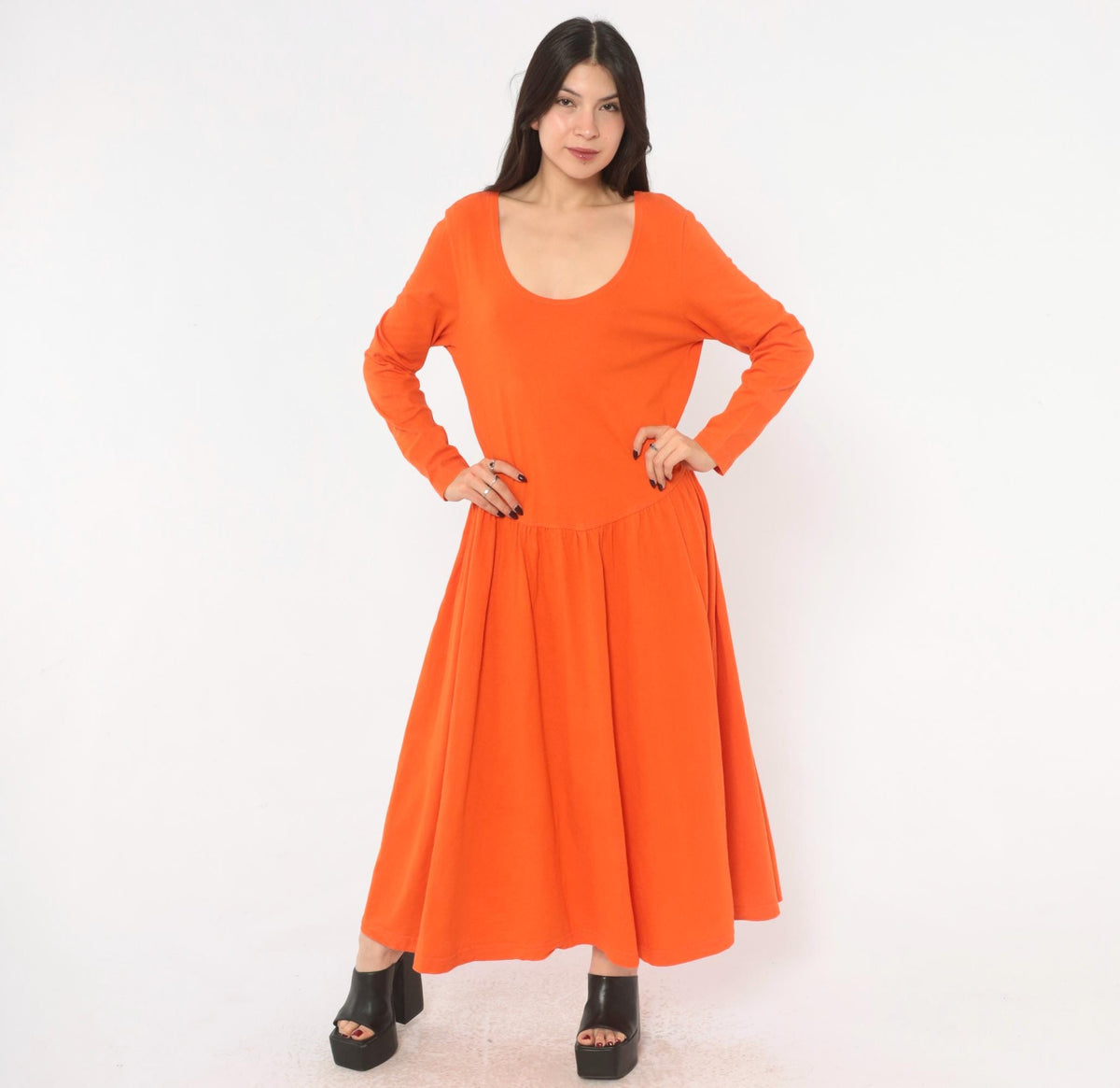 90s Oakbrook Sport Orange Cotton Dress Drop Waist Long Sleeve Medium