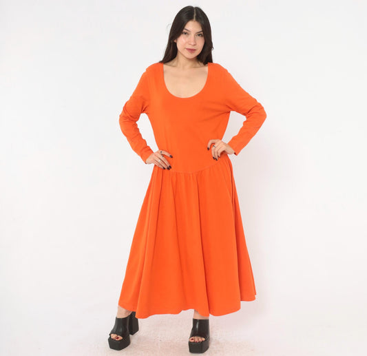 90s Oakbrook Sport Orange Cotton Dress Drop Waist Long Sleeve Medium