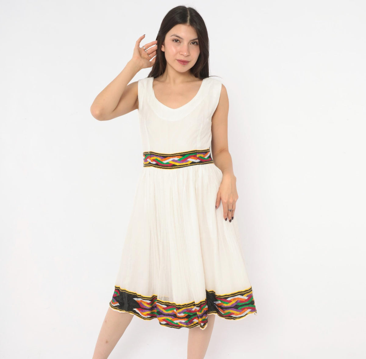90s White Gauze Knee-Length Dress Ethiopian Habesha Embroidered Tibeb Multicolor Medium