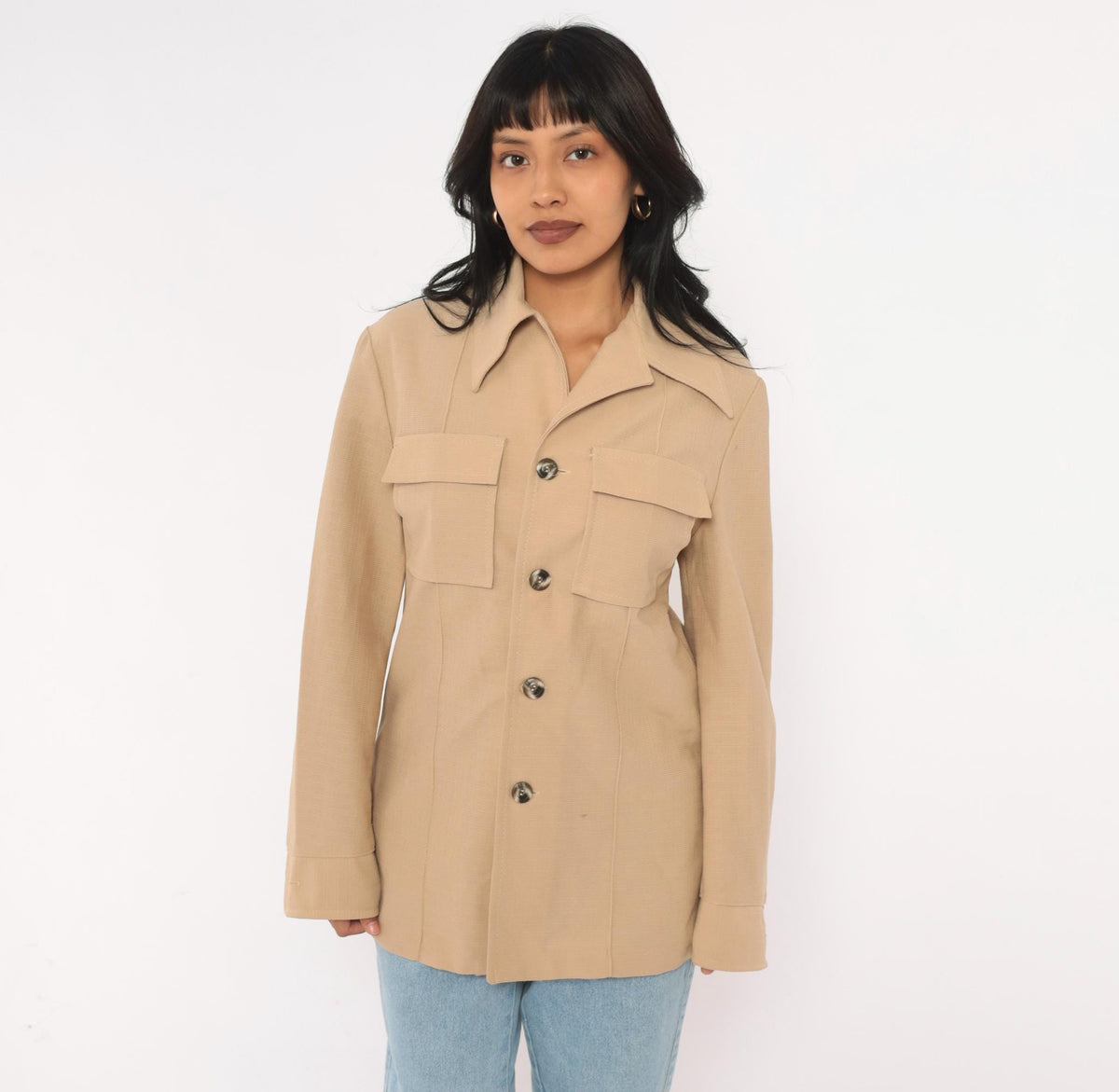 70s Haband Beige Button Front Jacket Pointed Collar Utility Shacket Medium M