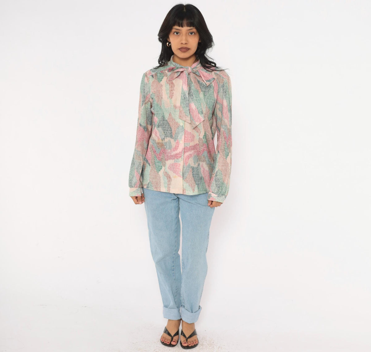 70s Devon Abstract Print Blouse Pink Bow Tie Neck Button Front Medium