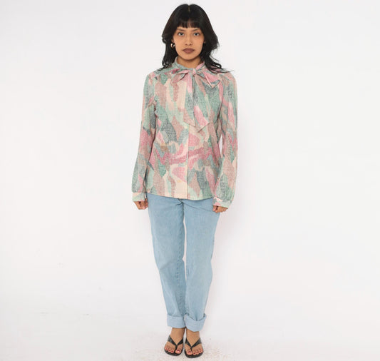 70s Devon Abstract Print Blouse Pink Bow Tie Neck Button Front Medium