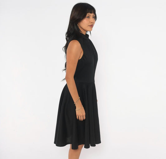 70s Black Mock Neck Sleeveless Dress Circle Skirt Knee Length Medium M