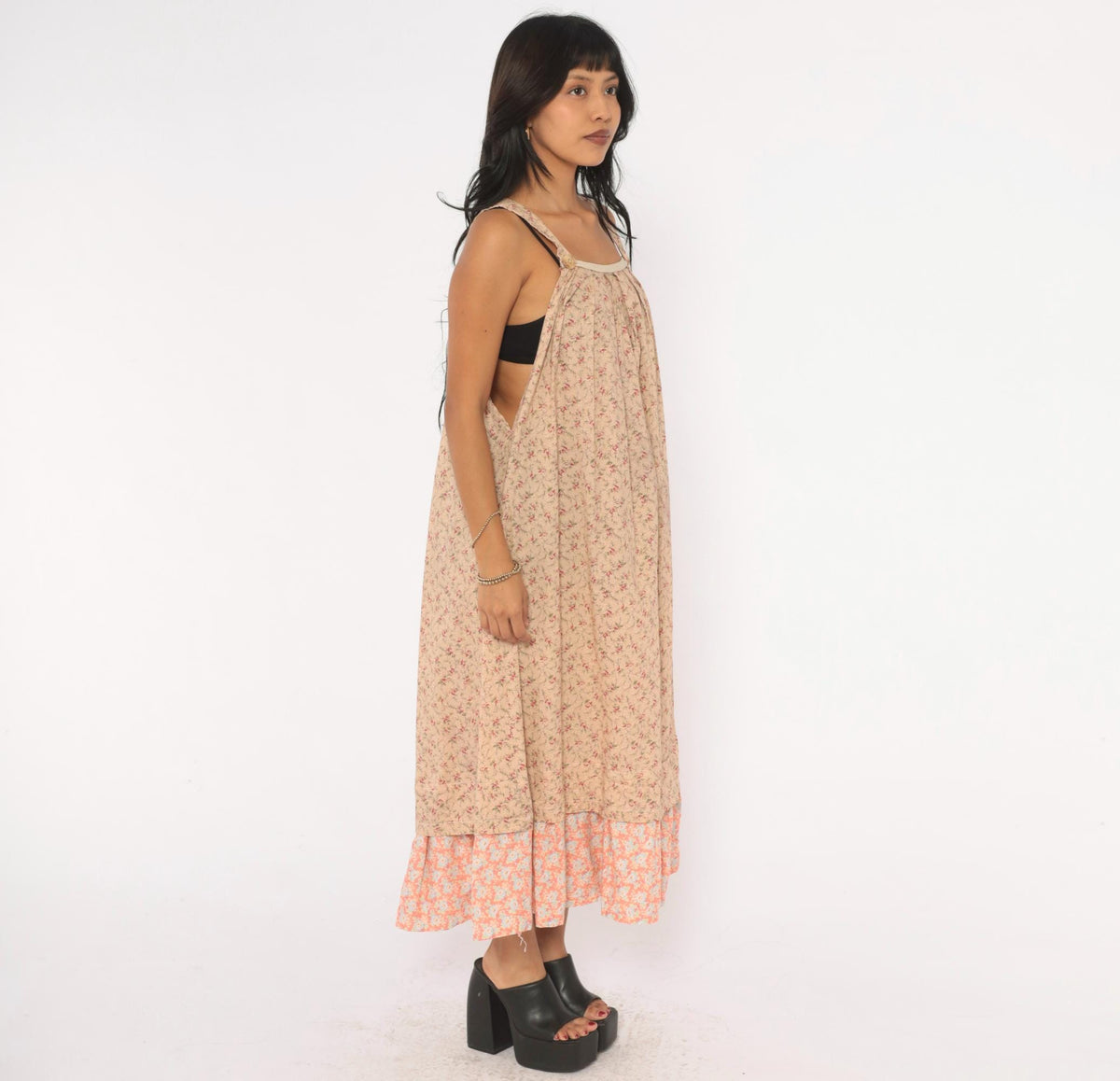 80s Floral Midi Sundress Beige Pink Cotton Square Neck Pleated Bodice Large