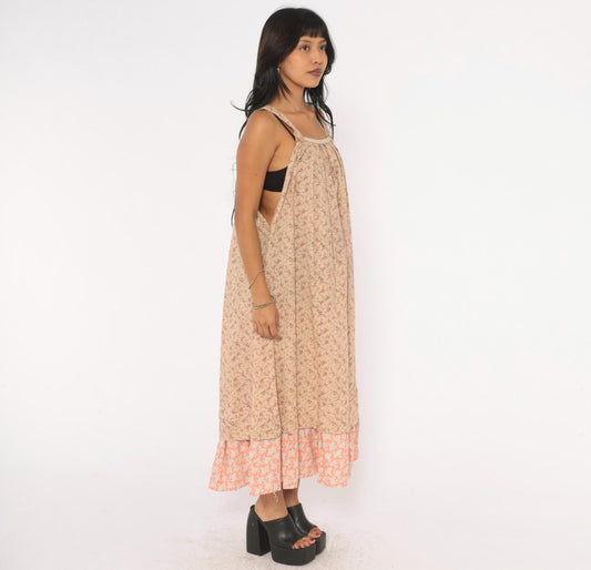 80s Floral Midi Sundress Beige Pink Cotton Square Neck Pleated Bodice Large