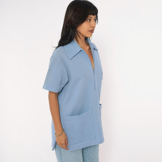 70s Powder Blue Waffle Knit Quarter Zip Pointed Collar Top Medium