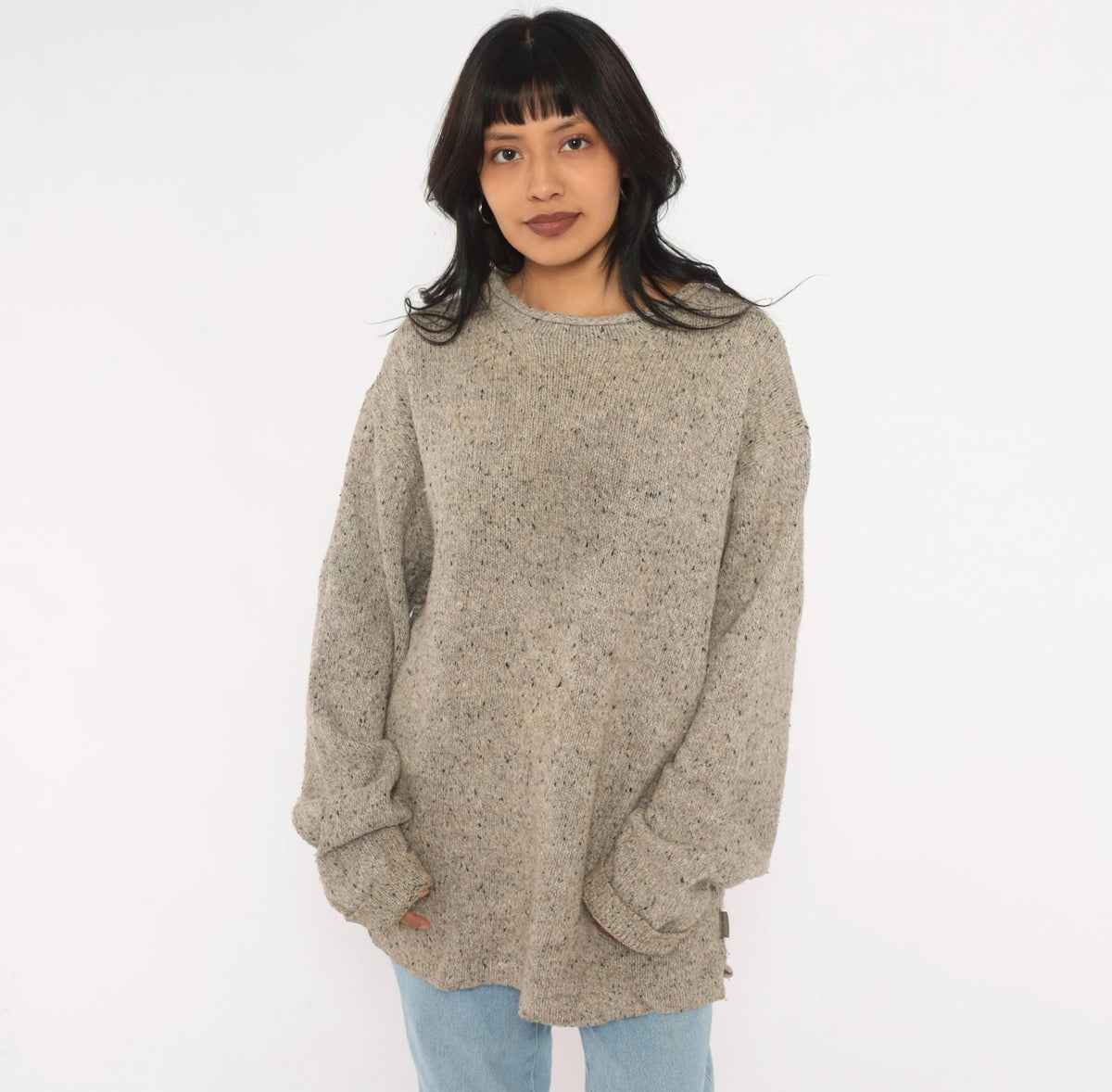Y2K Woolrich Tan Speckled Wool Knit Sweater Crew Neck Raglan Extra Large