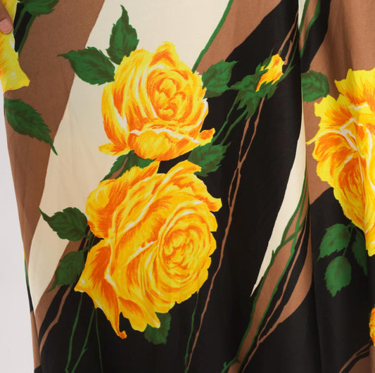 70s Montgomery Ward Floral Maxi Dress Yellow Rose Print Cream Stripe Large