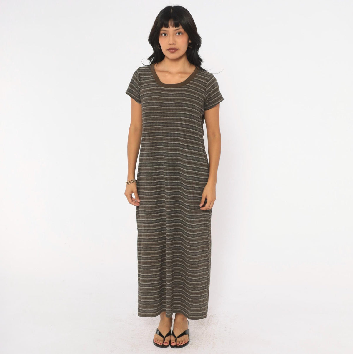 90s No Boundaries Striped Ribbed Knit Midi Dress Olive Brown Scoop Neck Large