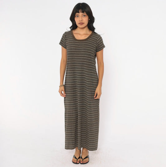 90s No Boundaries Striped Ribbed Knit Midi Dress Olive Brown Scoop Neck Large