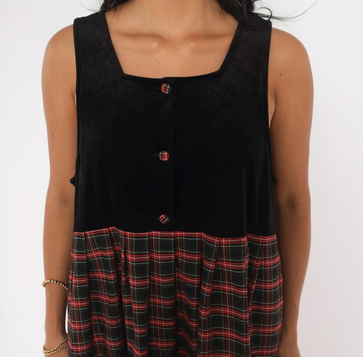 90s Pam's Closet Velvet Plaid Midi Dress Black Red Tartan Medium M