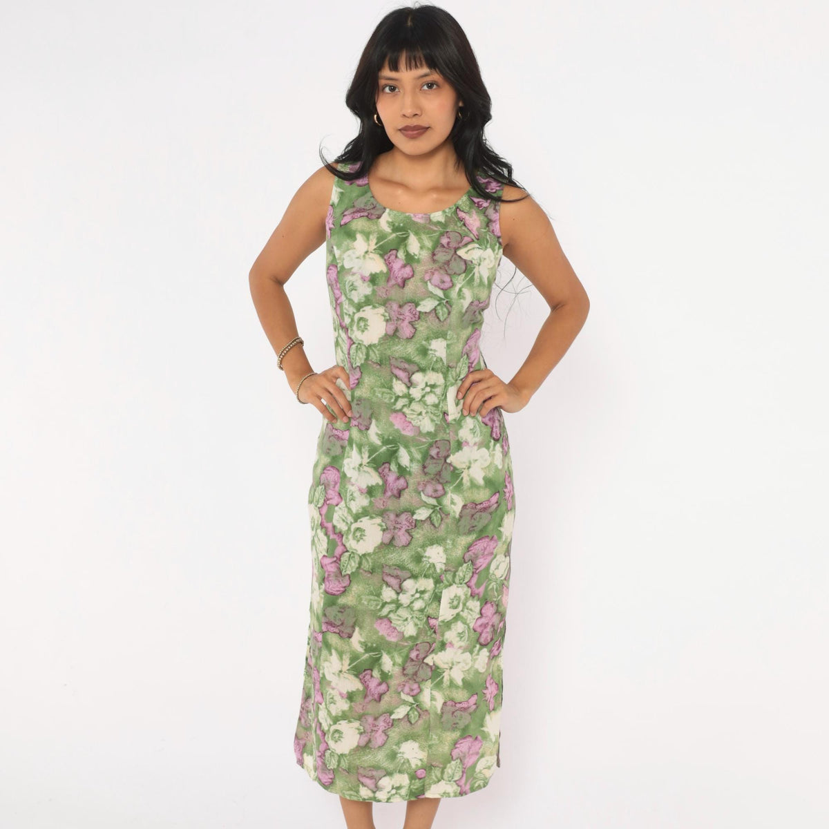 90s Caroline Wells Floral Midi Dress Green Purple Watercolor Small S