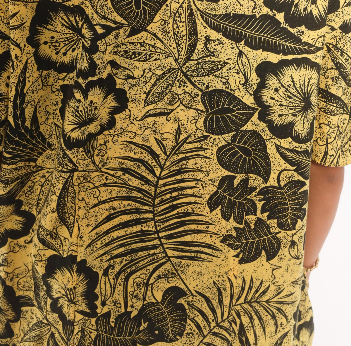 80s Yellow Black Hibiscus Tropical Floral Cotton Dress Flutter Sleeve Extra Large