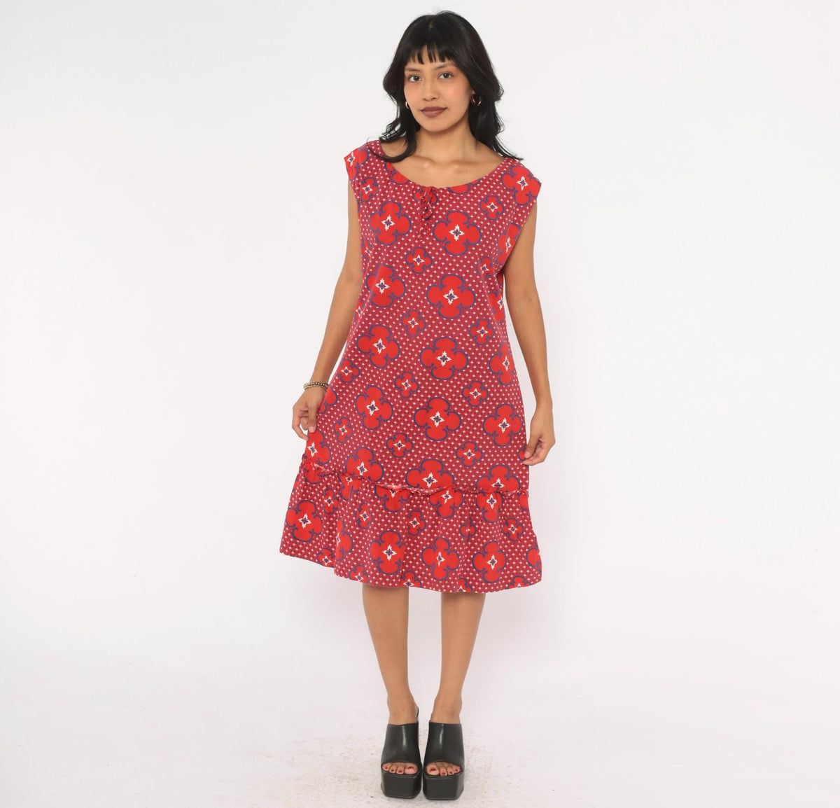 80s Red Floral Cotton Sundress Cobalt Geometric Print Drop Waist Cap Sleeve Large