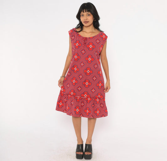 80s Red Floral Cotton Sundress Cobalt Geometric Print Drop Waist Cap Sleeve Large