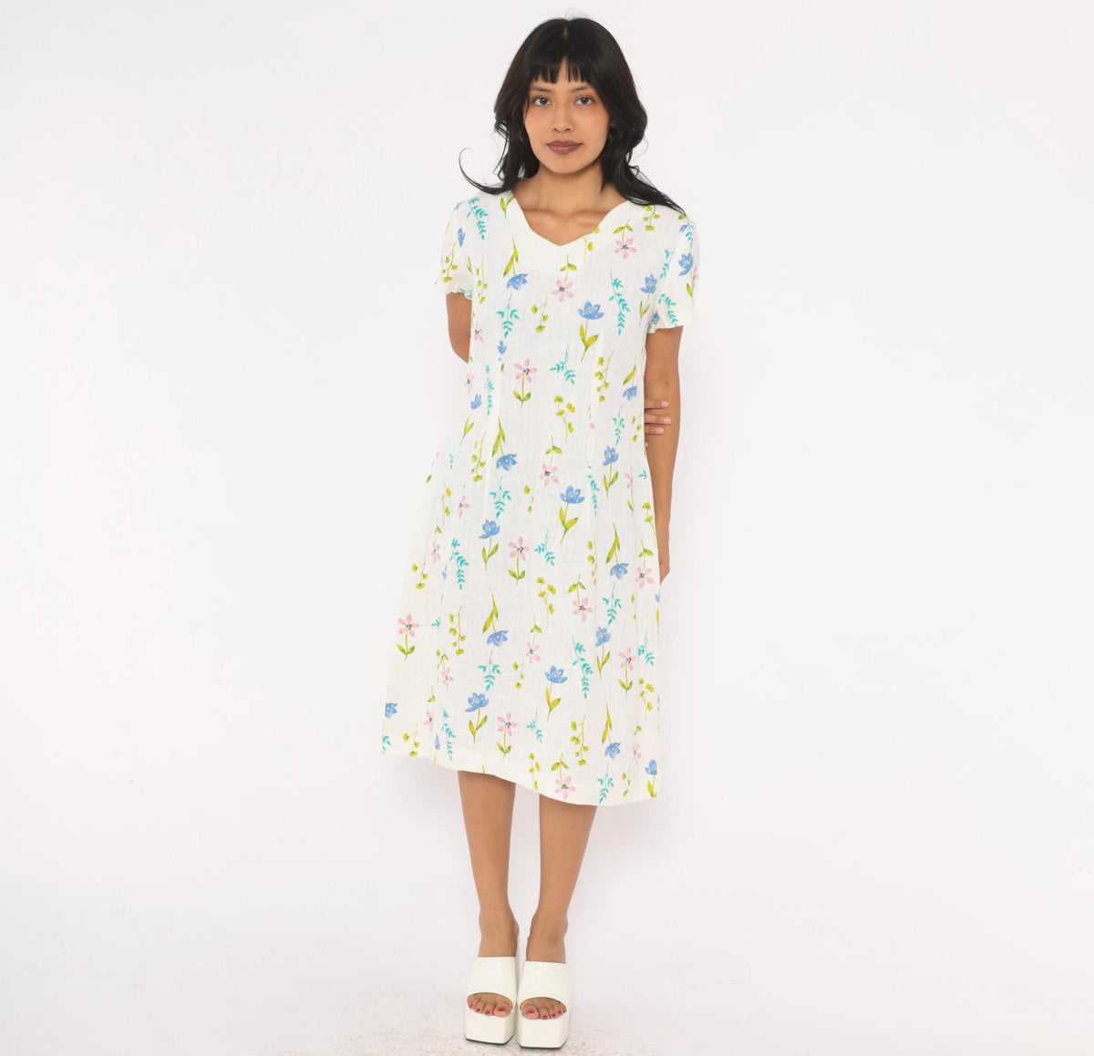90s White Linen Floral Wildflower Dress V Neck Flutter Sleeve Knee Length Large L