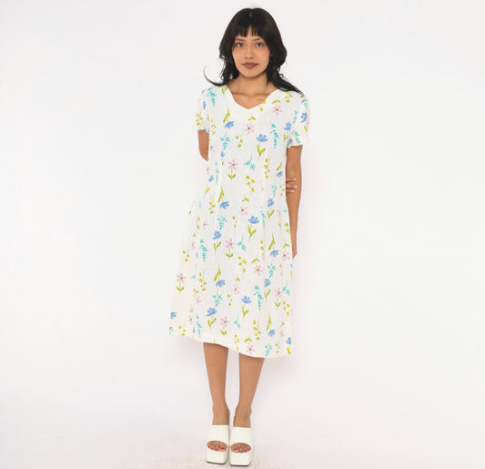 90s White Linen Floral Wildflower Dress V Neck Flutter Sleeve Knee Length Large L