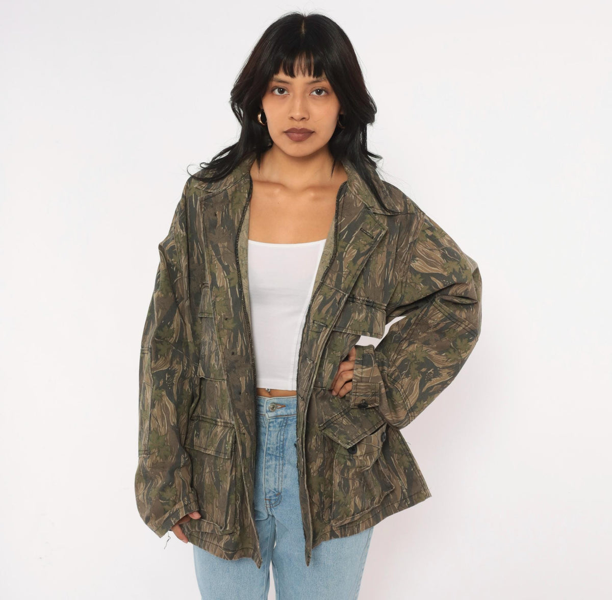 90s Camo Shirt Jacket Olive Brown Tree Leaf Print Button Front Cotton Large L