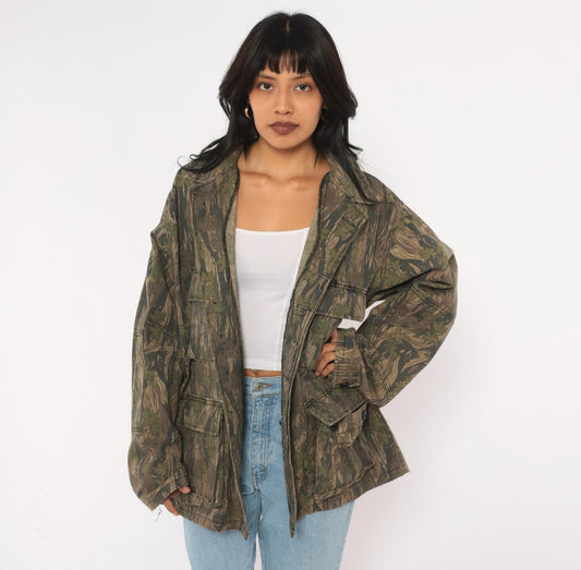 90s Camo Shirt Jacket Olive Brown Tree Leaf Print Button Front Cotton Large L
