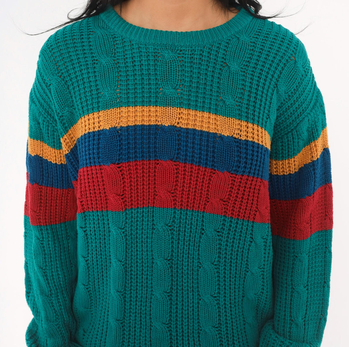 80s Teal Cable Knit Sweater Color Block Stripes Crew Neck Medium M