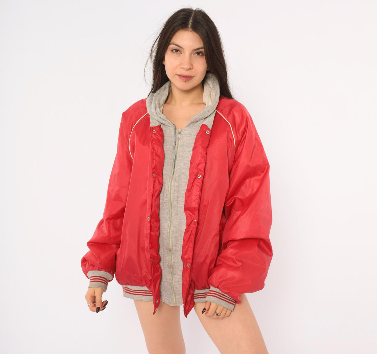 80s Bass Pro Shops Hooded Bomber Jacket Red Grey Raglan Windbreaker Medium