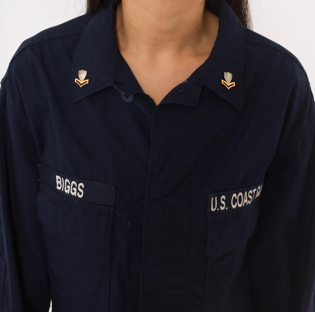 90s US Coast Guard Navy Jacket Military Utility Shirt Button Front Medium