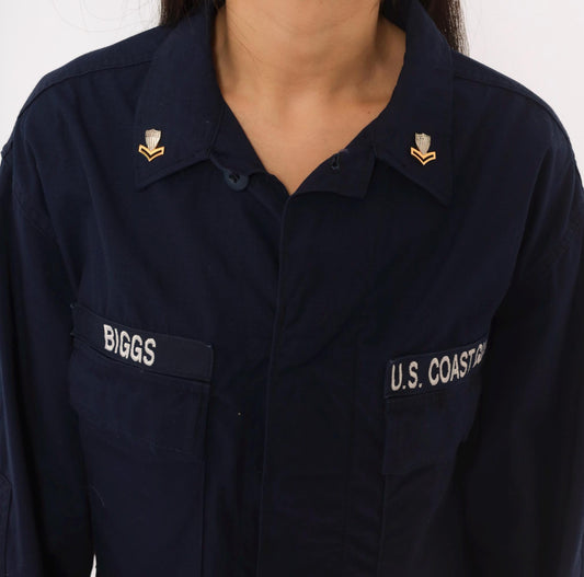 90s US Coast Guard Navy Jacket Military Utility Shirt Button Front Medium