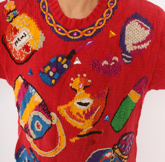90s Chaus Petites Red Knit Sweater Perfume Lipstick Jewelry Embroidered Rhinestone Medium M