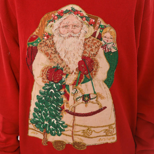 80s Santa Claus Christmas Sweatshirt Red Sequin Glitter Graphic Medium