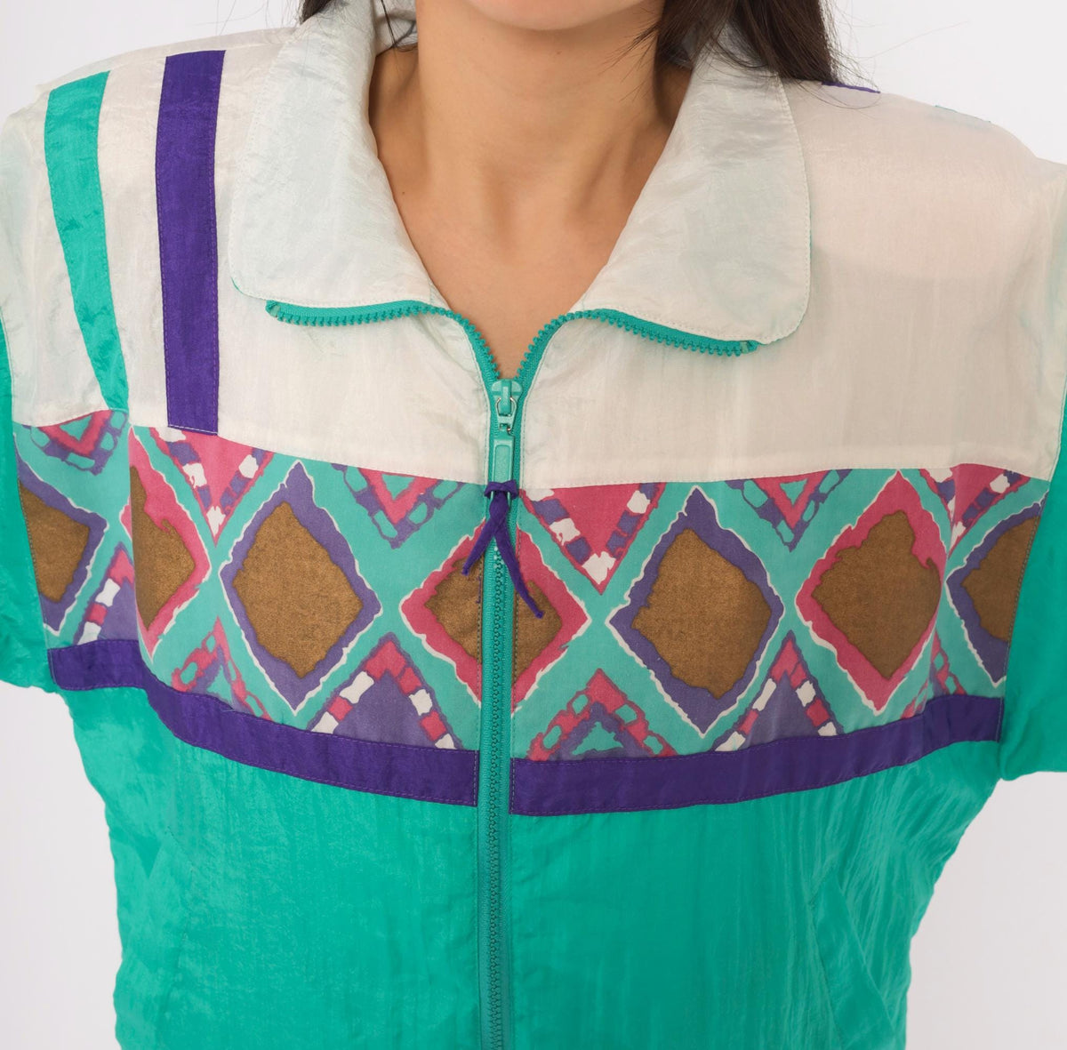 90s PS Sport Teal Tracksuit Set Windbreaker Jacket Jogger Pants Geometric Diamond Print Small
