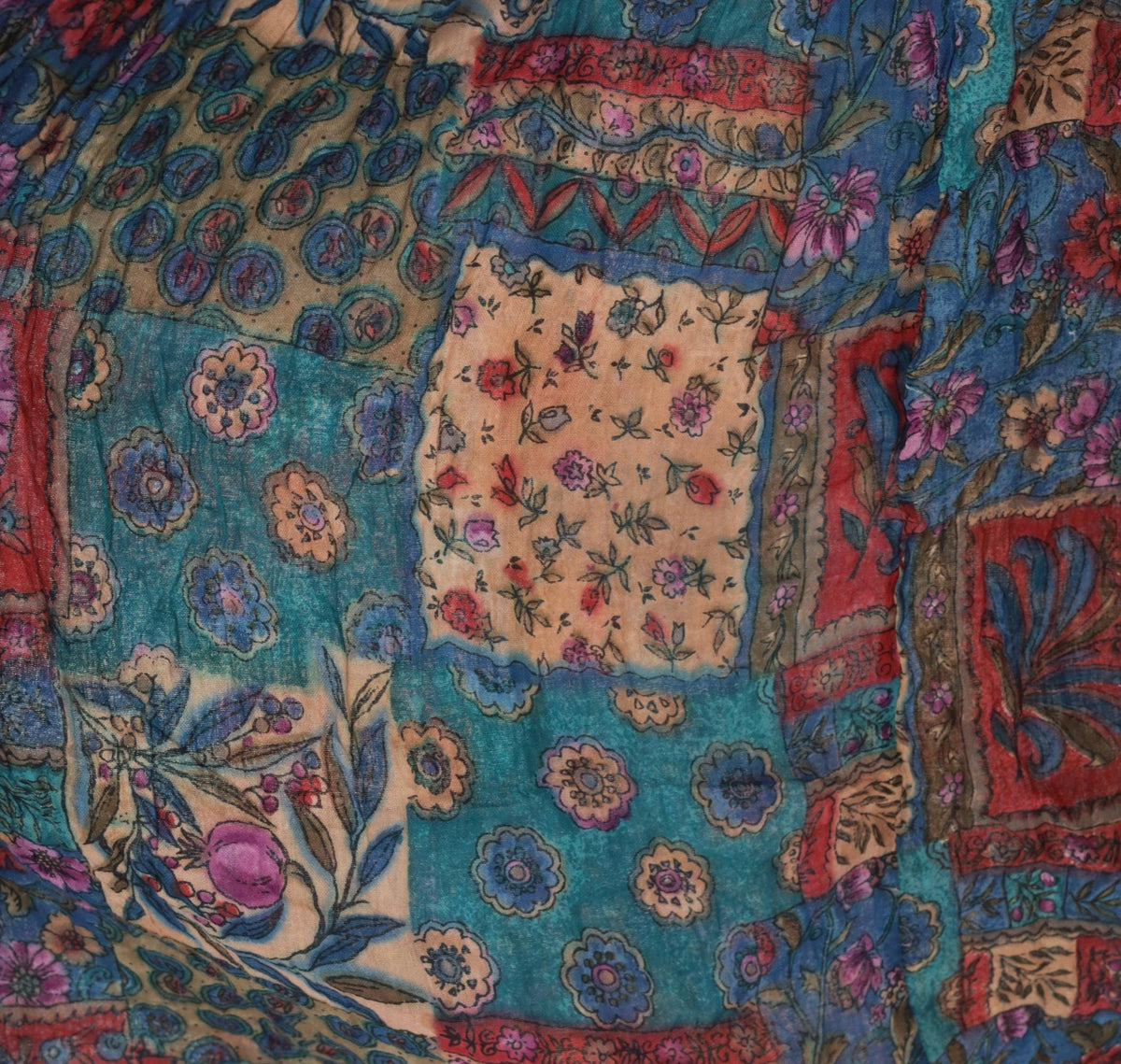 90s Alibaba Patchwork Floral Midi Skirt Drawstring Teal Blue Medium