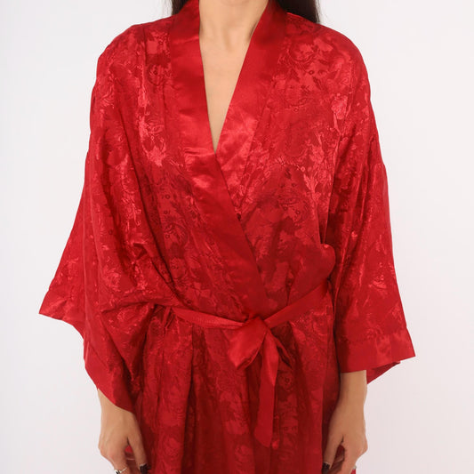 90s Contessa Di Roma Red Satin Robe Floral Jacquard Maxi Wrap Plus Size XXL