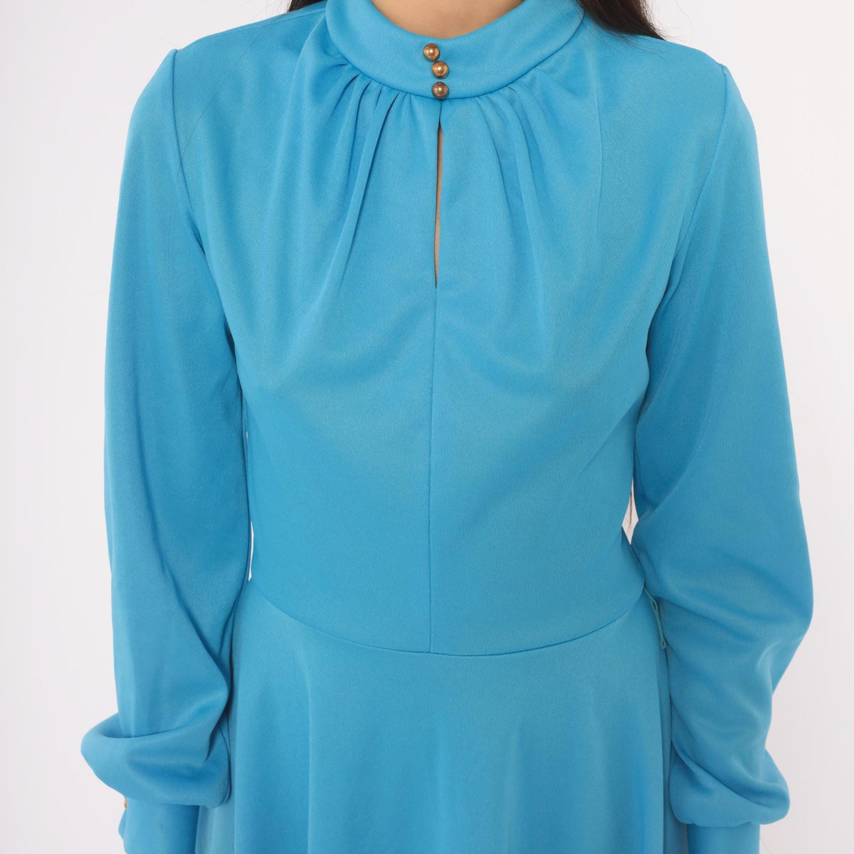 70s Sky Blue A-Line Dress Long Sleeve Keyhole Gold Buttons Small S