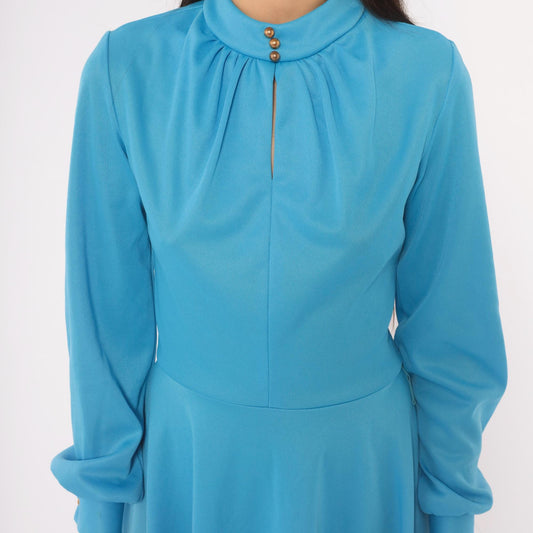 70s Sky Blue A-Line Dress Long Sleeve Keyhole Gold Buttons Small S
