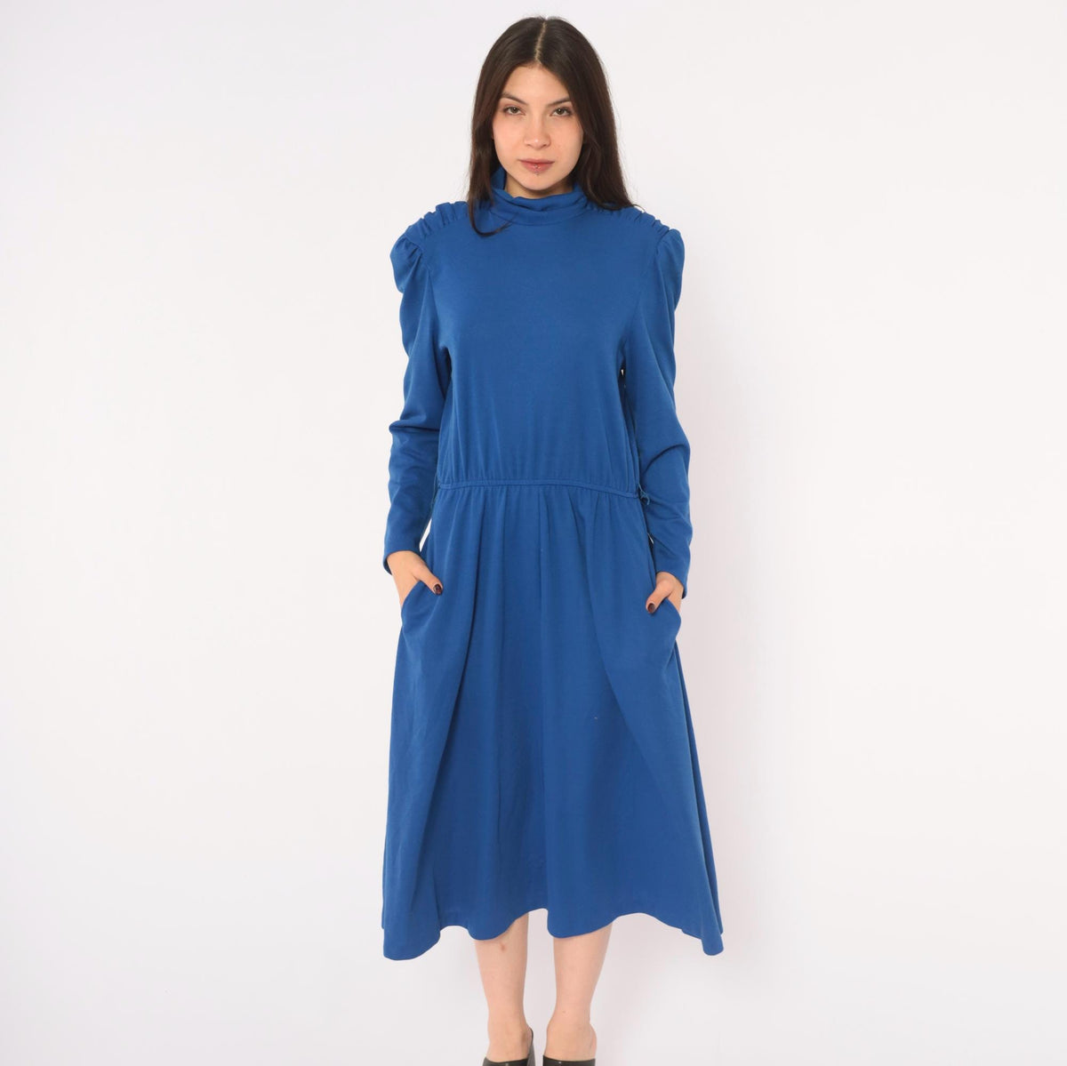 80s Cobalt Midi Dress Puff Shoulder Mock Neck A-Line Pockets Royal Blue Medium M