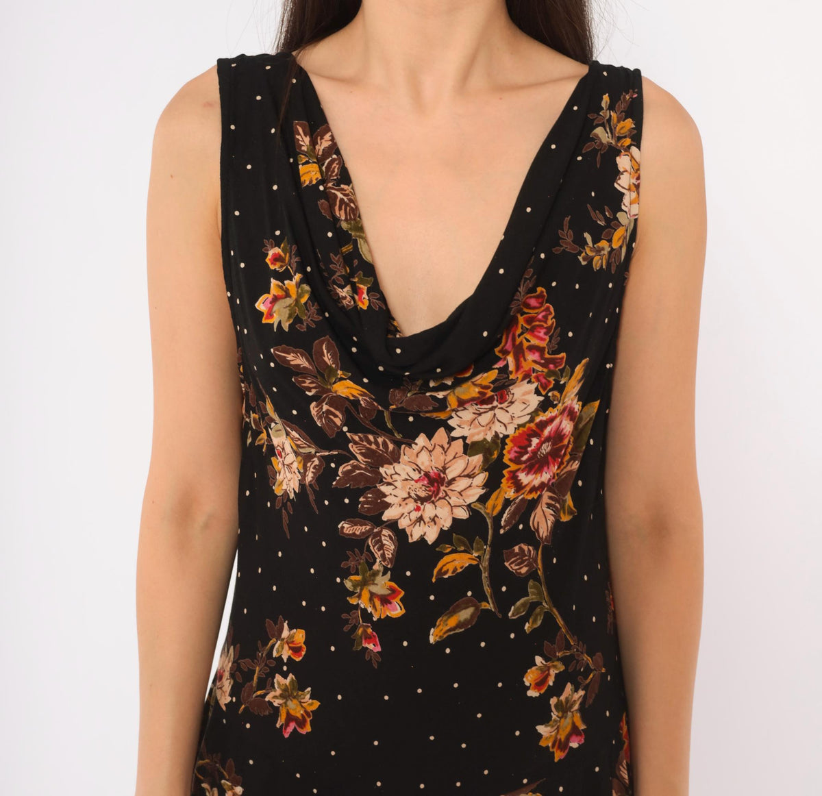 90s Black Floral Midi Dress Cowl Neck Handkerchief Hem Medium M
