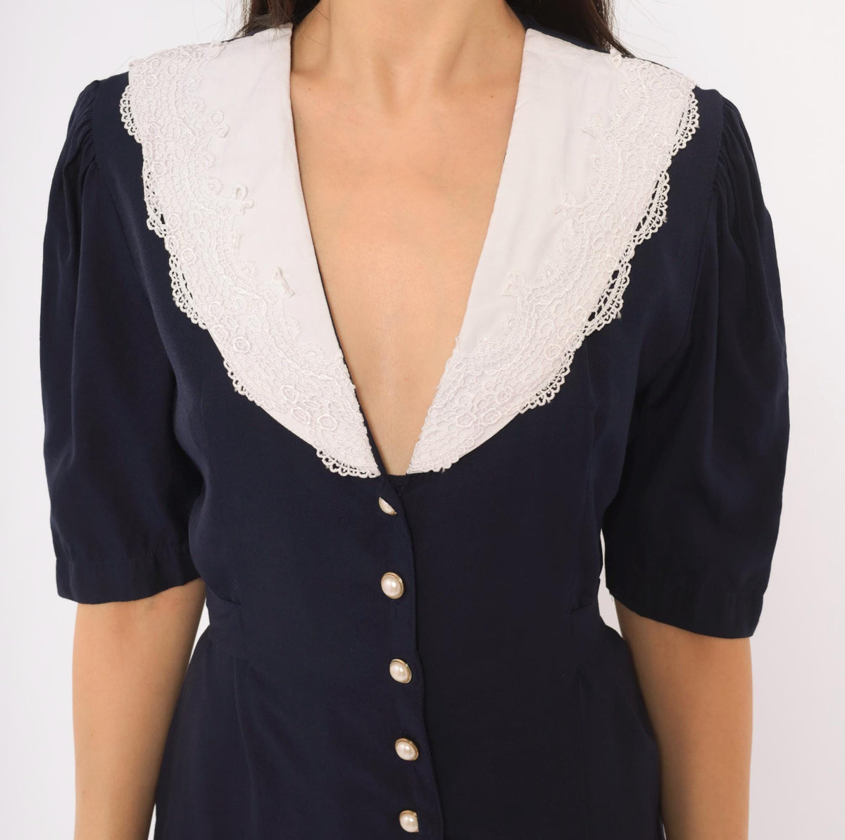 90s Navy Lace Collar Dress White Pearl Buttons Puff Sleeve Pleated Skirt Small