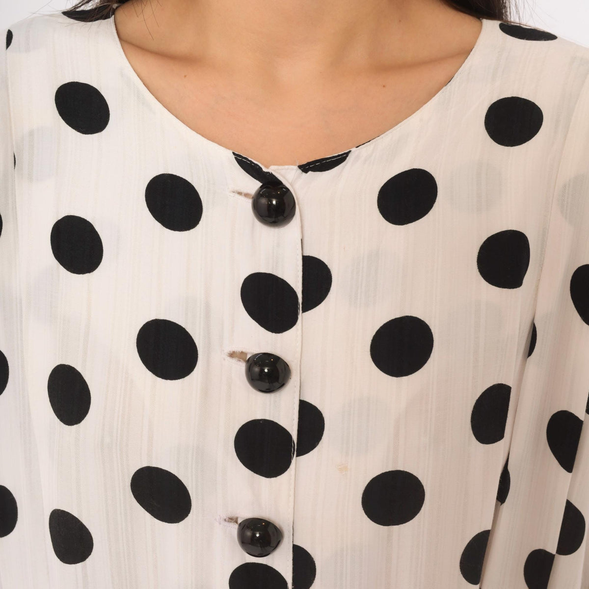 90s Success Dress Polka Dot White Black Button Front Knee Dress Extra Large