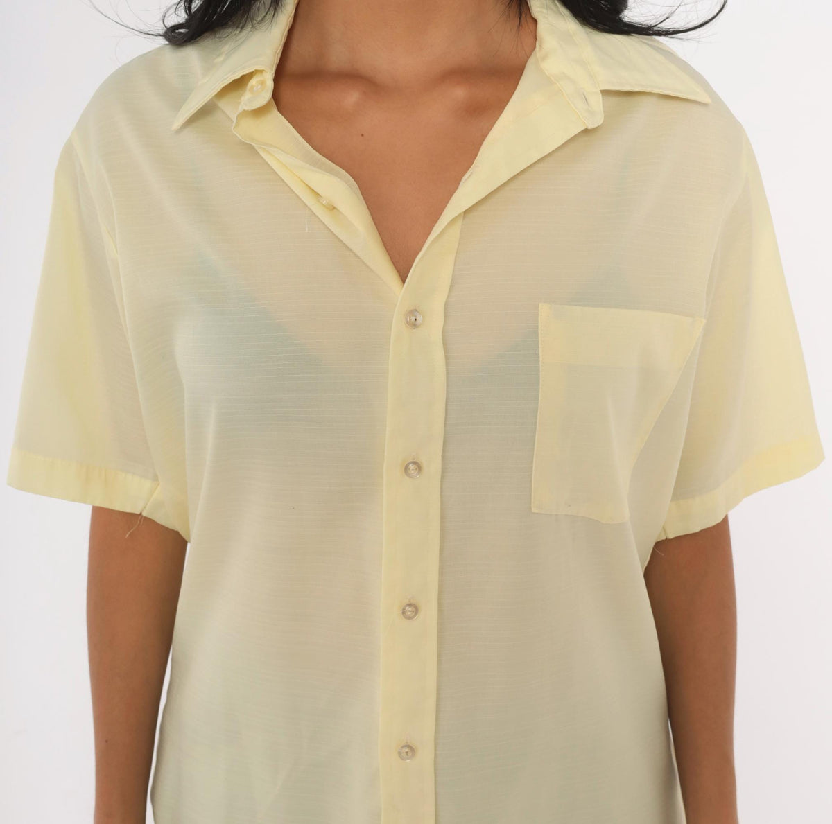 70s Dress-ups Yellow Button Up Shirt Semi Sheer Short Sleeve Pointed Collar Medium