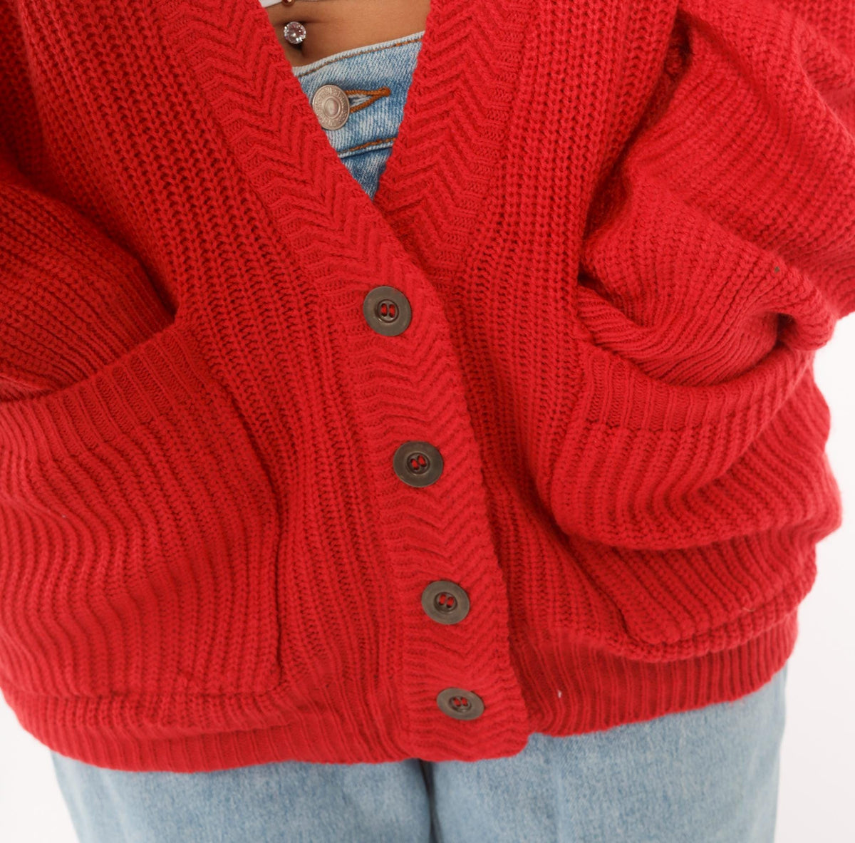 80s Steppingstones Red Chunky Knit Cardigan V-Neck Button Front Small