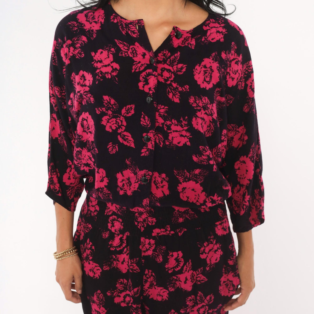 90s Joni Blair Floral Jumpsuit Black Pink Rose Button Front Dolman Medium
