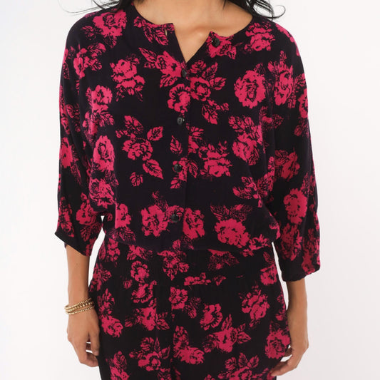 90s Joni Blair Floral Jumpsuit Black Pink Rose Button Front Dolman Medium